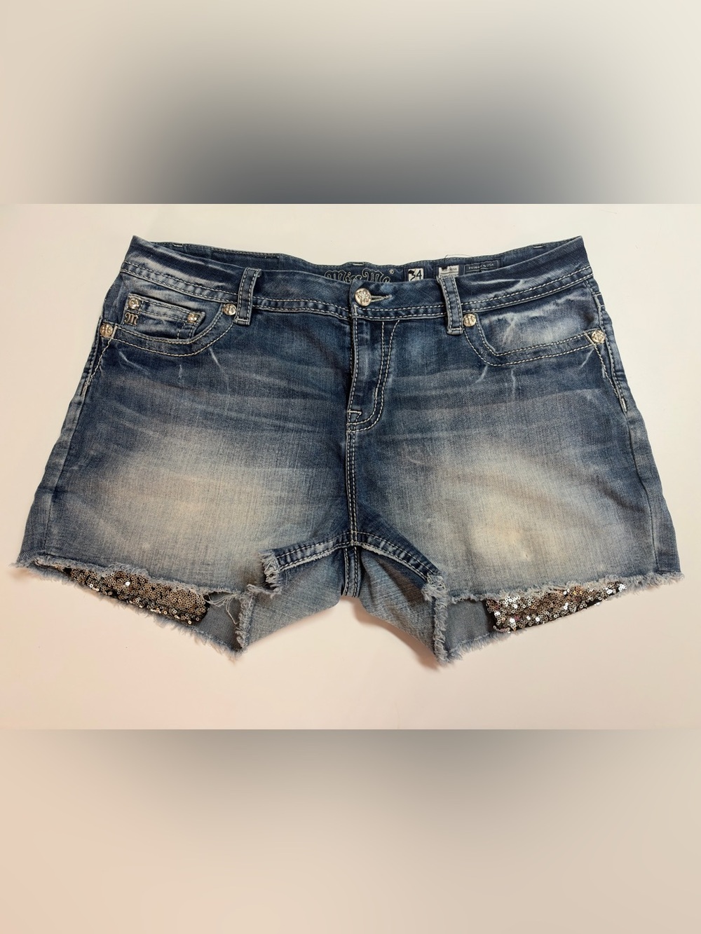 Women’s Miss Me Denim Distressed Women’s Shorts with Sequin Pockets